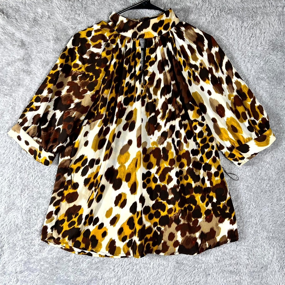 New York & Co Blouse Top Womens Large Multicolor Leopard Print Pleated Mock Neck